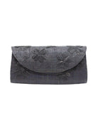 Tulum Clutch Black Flower Embroidery handmade loomed raffia palm fibers with envelope clutch shape, embroidered multi-sized embroidered flower pattern, and assorted interior wax cloth African Print liners plus zippered pocket  - Shebobo