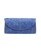 Tulum Clutch Denim retro/light/blue Flower Embroidery handmade loomed raffia palm fibers with envelope clutch shape, embroidered multi-sized embroidered flower pattern, and assorted interior wax cloth African Print liners plus zippered pocket  - Shebobo