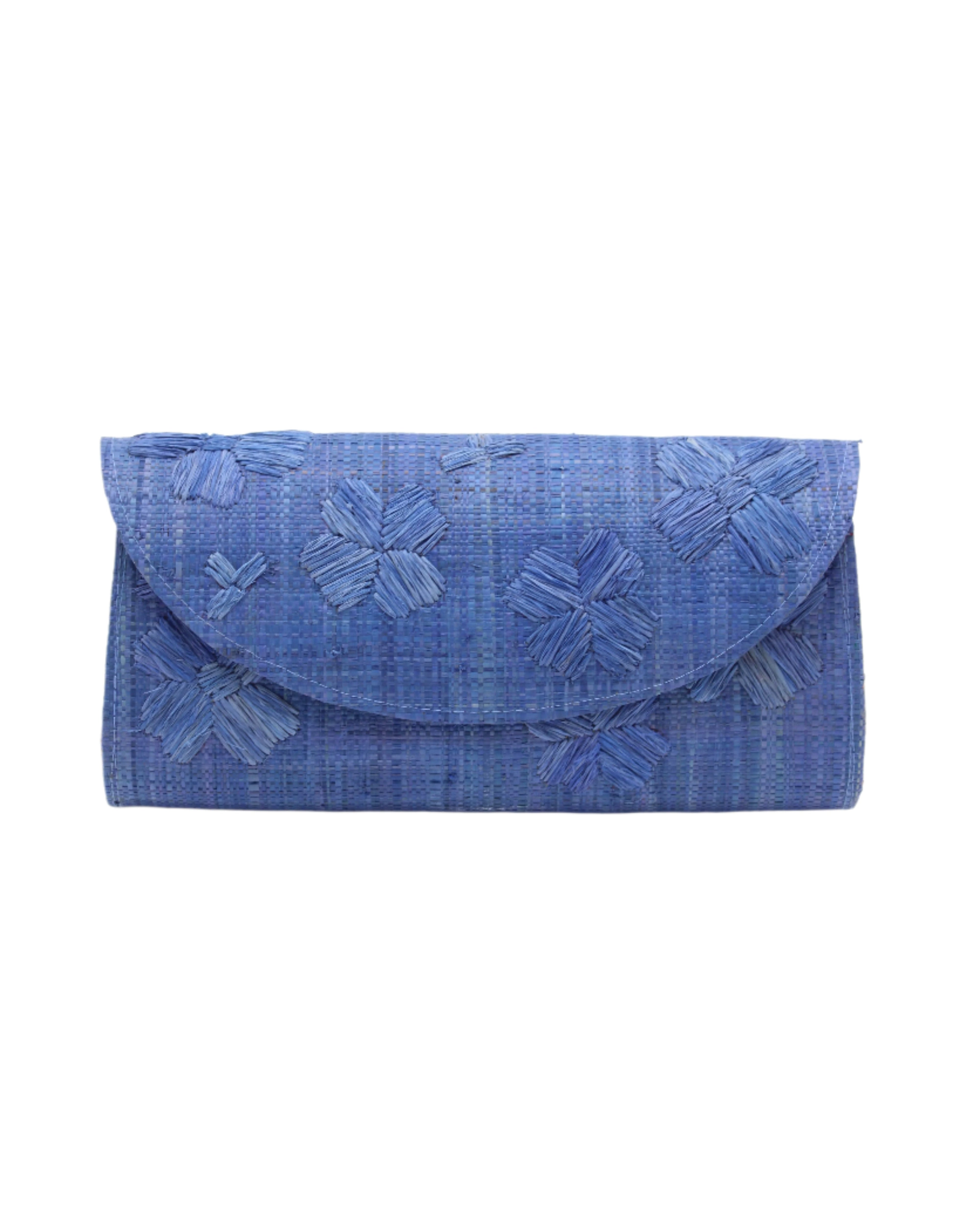 Tulum Clutch Denim retro/light/blue Flower Embroidery handmade loomed raffia palm fibers with envelope clutch shape, embroidered multi-sized embroidered flower pattern, and assorted interior wax cloth African Print liners plus zippered pocket  - Shebobo