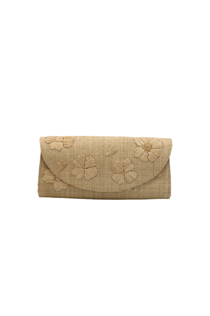 Tulum Clutch Natural Flower Embroidery handmade loomed raffia palm fibers with envelope clutch shape, embroidered multi-sized embroidered flower pattern, and assorted interior wax cloth African Print liners plus zippered pocket  - Shebobo