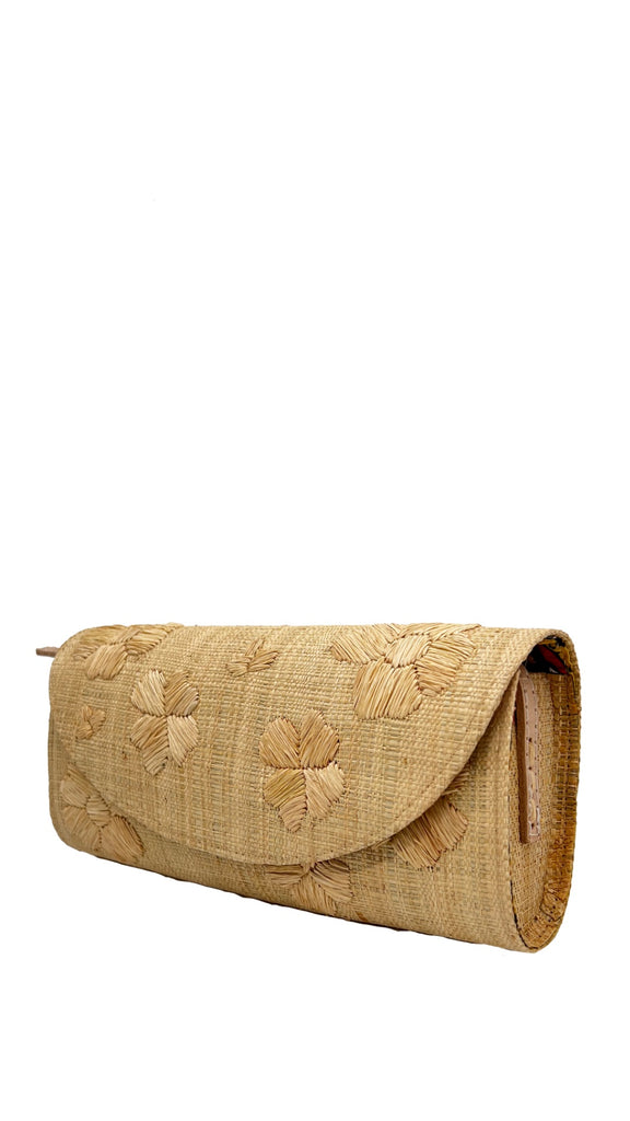 Side view Tulum Flower Straw Crossbody Bag with Flower Embroidery handmade natural loomed raffia purse with natural straw colored floral embroidered pattern and adjustable leather shoulder strap - Shebobo