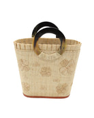 Tulum Straw Bucket Bag with Flower Embroidery and Horn Handle Natural Purse with Ruffle Edge handmade loomed raffia palm fiber in a solid hue of natural straw color with matching subtle hand embroidered floral pattern with multiple sized flowers and raffia ruffle on the opening  handbag - Shebobo