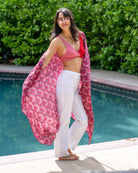 Model wearing Vegas Geometric Print with Metallic Detailing Scarf & Wrap Fuchsia Pink Multicolor Peacock Patterned Scarf - Shebobo