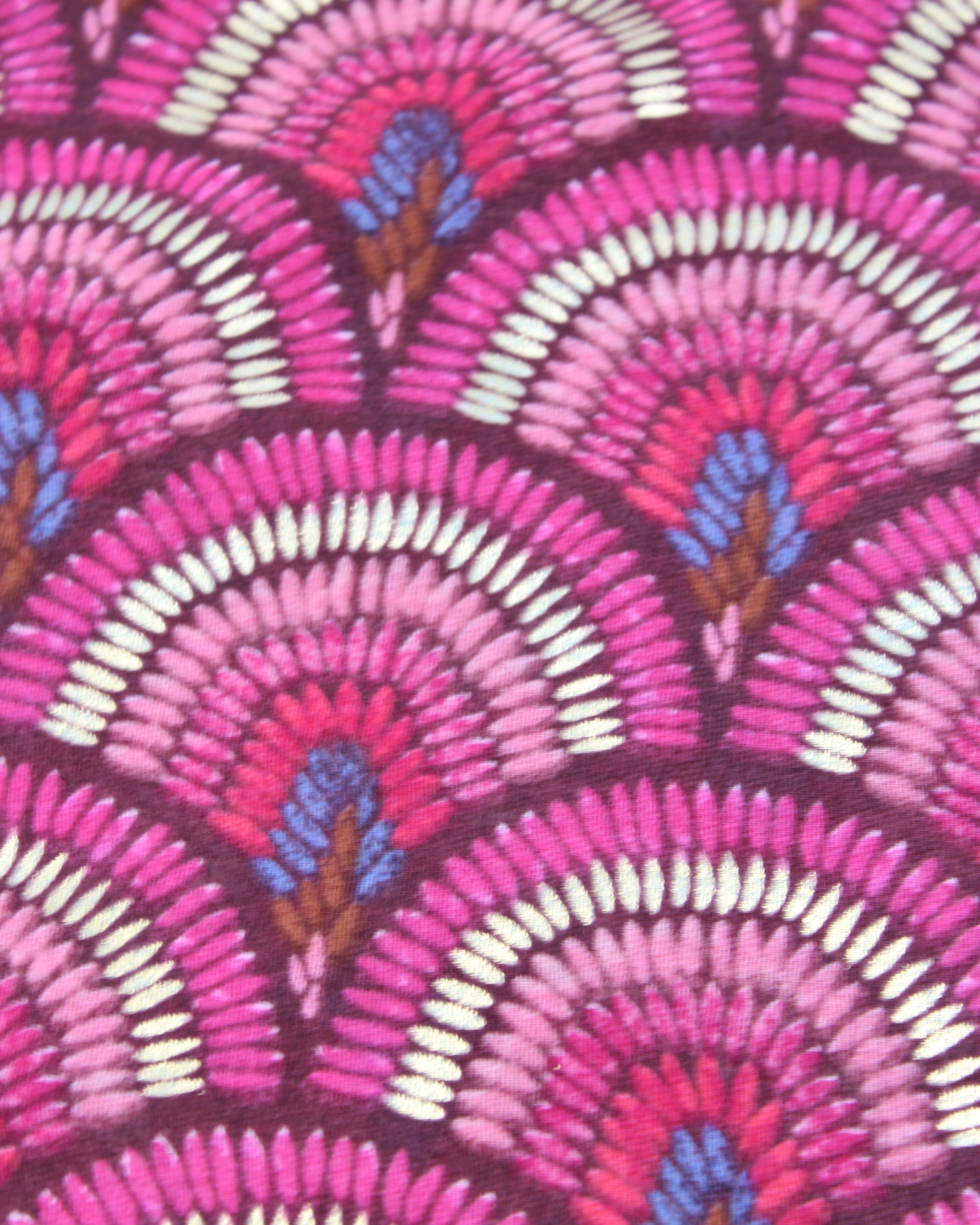 Detail view of pattern Vegas Geometric Print with Metallic Detailing Scarf & Wrap Fuchsia Pink Multicolor Peacock Patterned Scarf - Shebobo