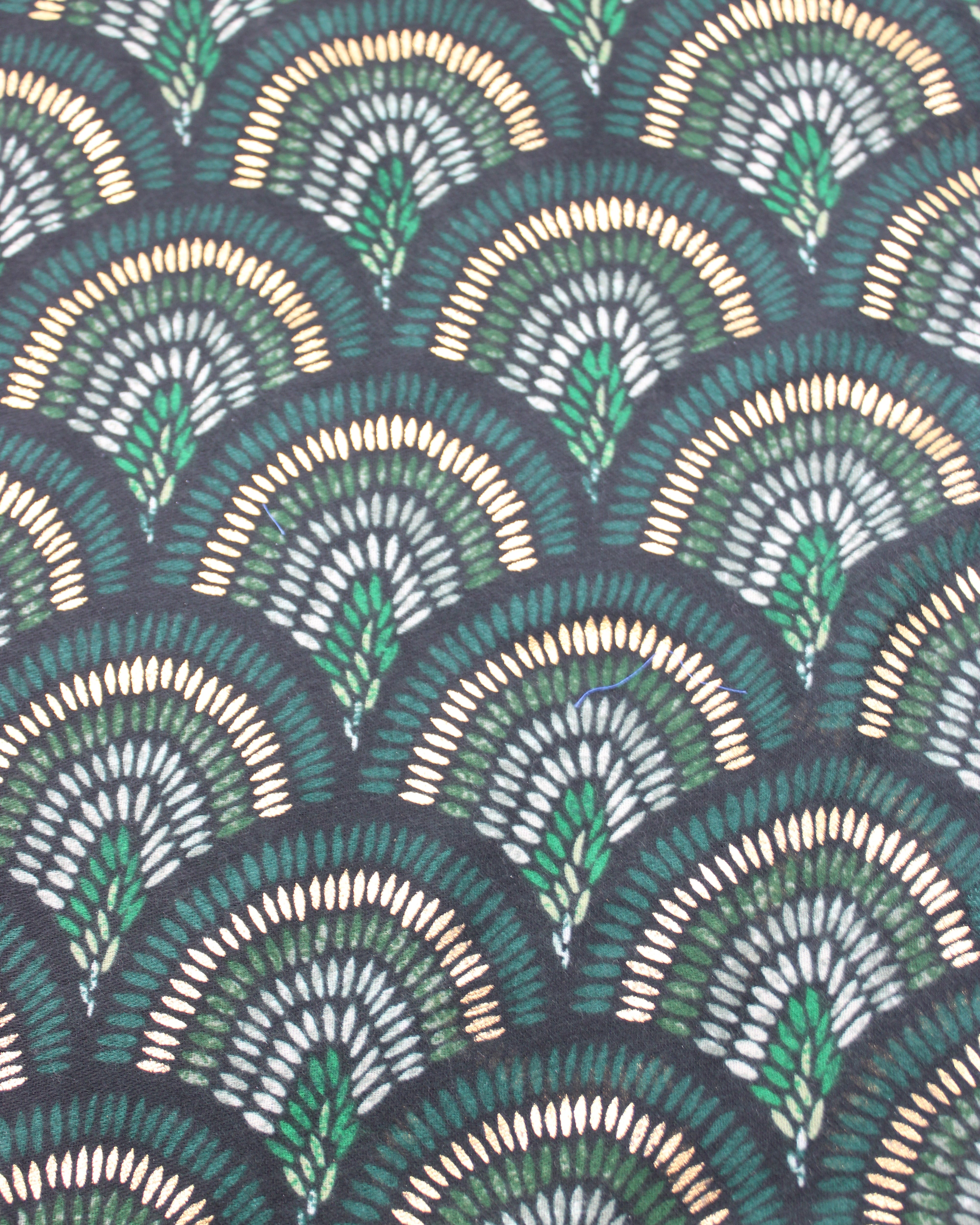 Detail view of print Vegas Geometric Print with Metallic Detailing Scarf & Wrap Green Multicolor Peacock Feather Patterned Scarf - Shebobo