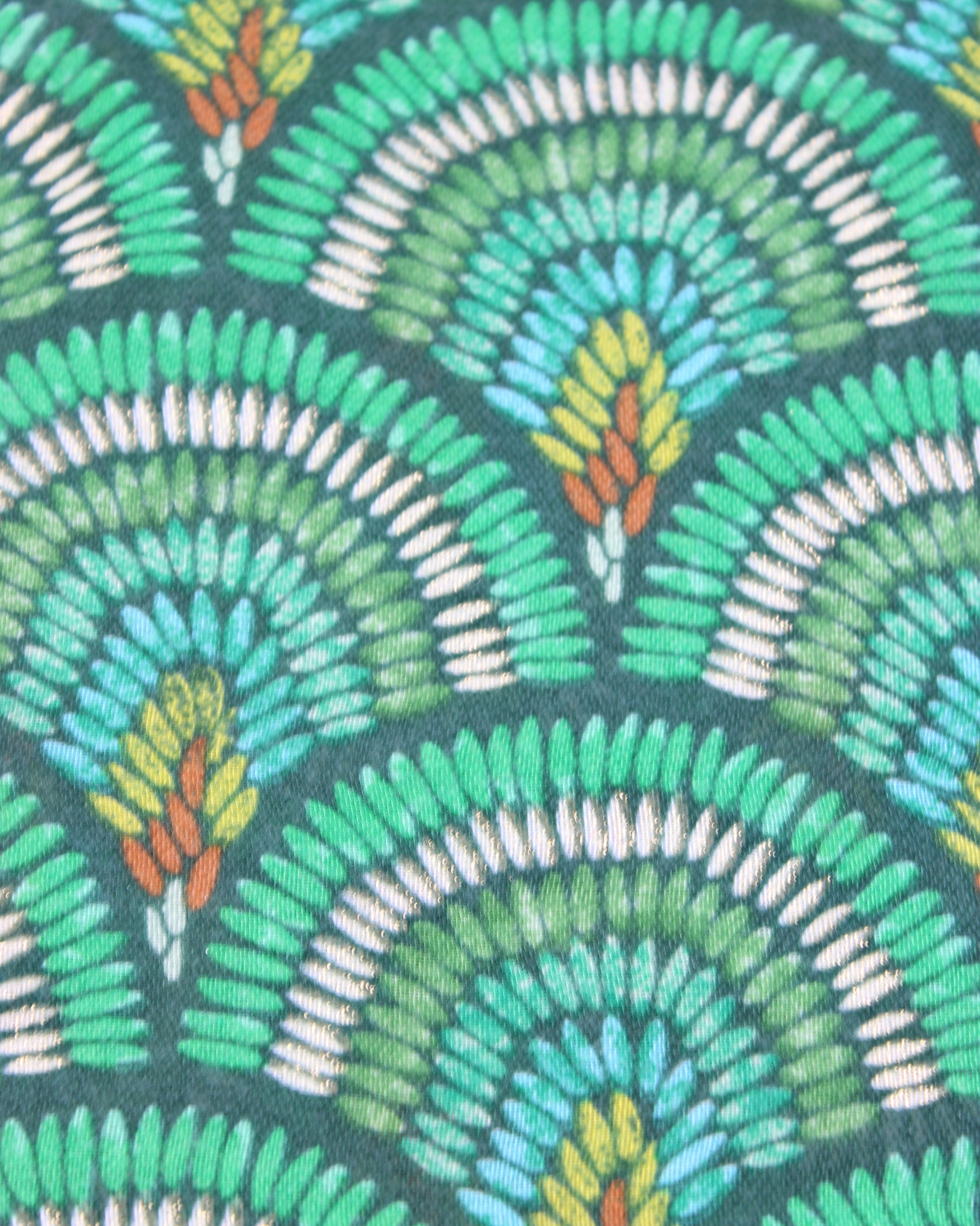 Detail view of pattern Vegas Geometric Print with Metallic Detailing Scarf & Wrap Green Multicolor Peacock Patterned Scarf - Shebobo