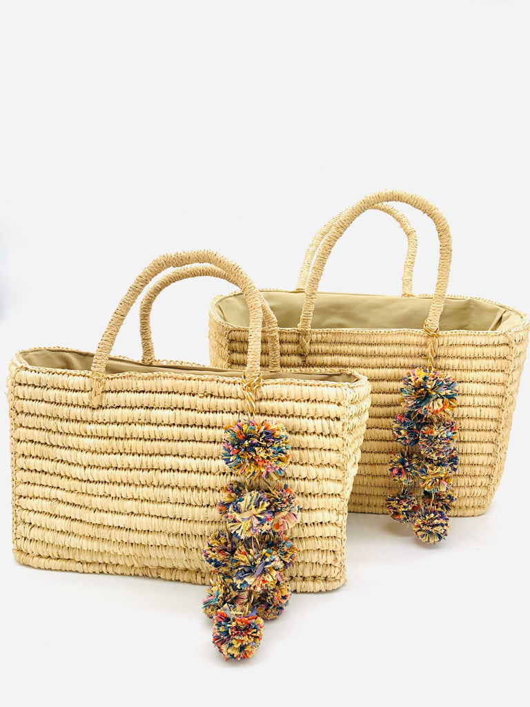 Venice Natural Color Crochet Rectangle Straw Basket with Waterfall Pompoms Charm Embellishment in multicolor confetti handmade handbag purse - Shebobo