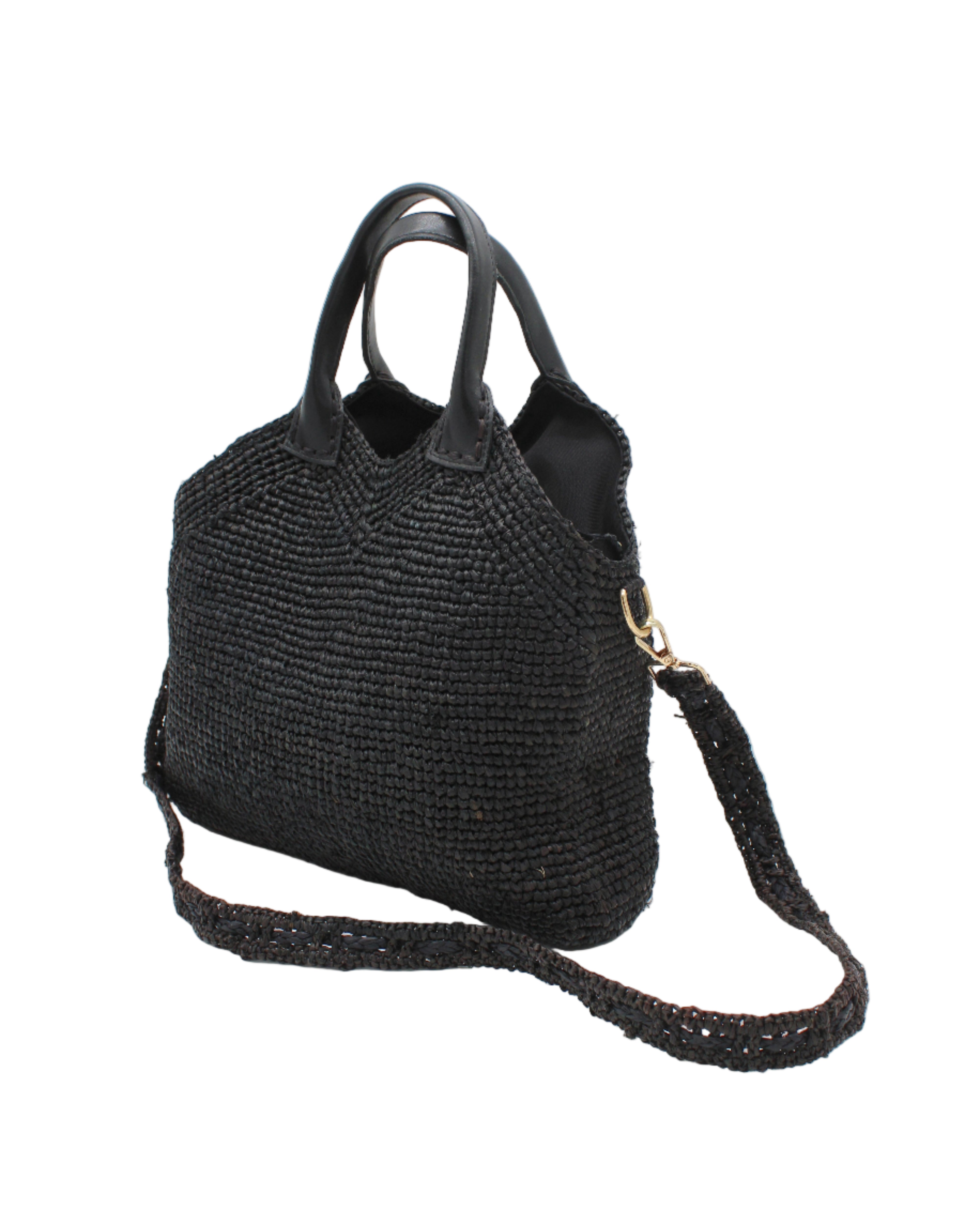 Side view Victoria Crochet Straw Handbag Convertible Crossbody Bag handmade crochet natural raffia palm fiber in a solid hue of black in a subtle texture of horizontal link bands pattern across the bag and m shape around the top of the bag with black leather handles and removable matching crossbody strap convertible purse - Shebobo