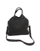Victoria Crochet Straw Handbag Convertible Crossbody Bag handmade crochet natural raffia palm fiber in a solid hue of black in a subtle texture of horizontal link bands pattern across the bag and m shape around the top of the bag with black leather handles and removable matching crossbody strap convertible purse - Shebobo