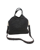 Victoria Crochet Straw Handbag Convertible Crossbody Bag handmade crochet natural raffia palm fiber in a solid hue of black in a subtle texture of horizontal link bands pattern across the bag and m shape around the top of the bag with black leather handles and removable matching crossbody strap convertible purse - Shebobo