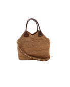 Victoria Crochet Straw Handbag Convertible Crossbody Bag handmade crochet natural raffia palm fiber in a solid hue of cappuccino tea/light/brown in a subtle texture of horizontal link bands pattern across the bag and m shape around the top of the bag with dark brown leather handles and removable two tone natural and cappuccino tea/light/brown crossbody strap convertible purse - Shebobo