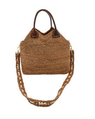Victoria Crochet Straw Handbag Convertible Crossbody Bag handmade crochet natural raffia palm fiber in a solid hue of cappuccino tea/light/brown in a subtle texture of horizontal link bands pattern across the bag and m shape around the top of the bag with dark brown leather handles and removable two tone natural and cappuccino tea/light/brown crossbody strap convertible purse - Shebobo