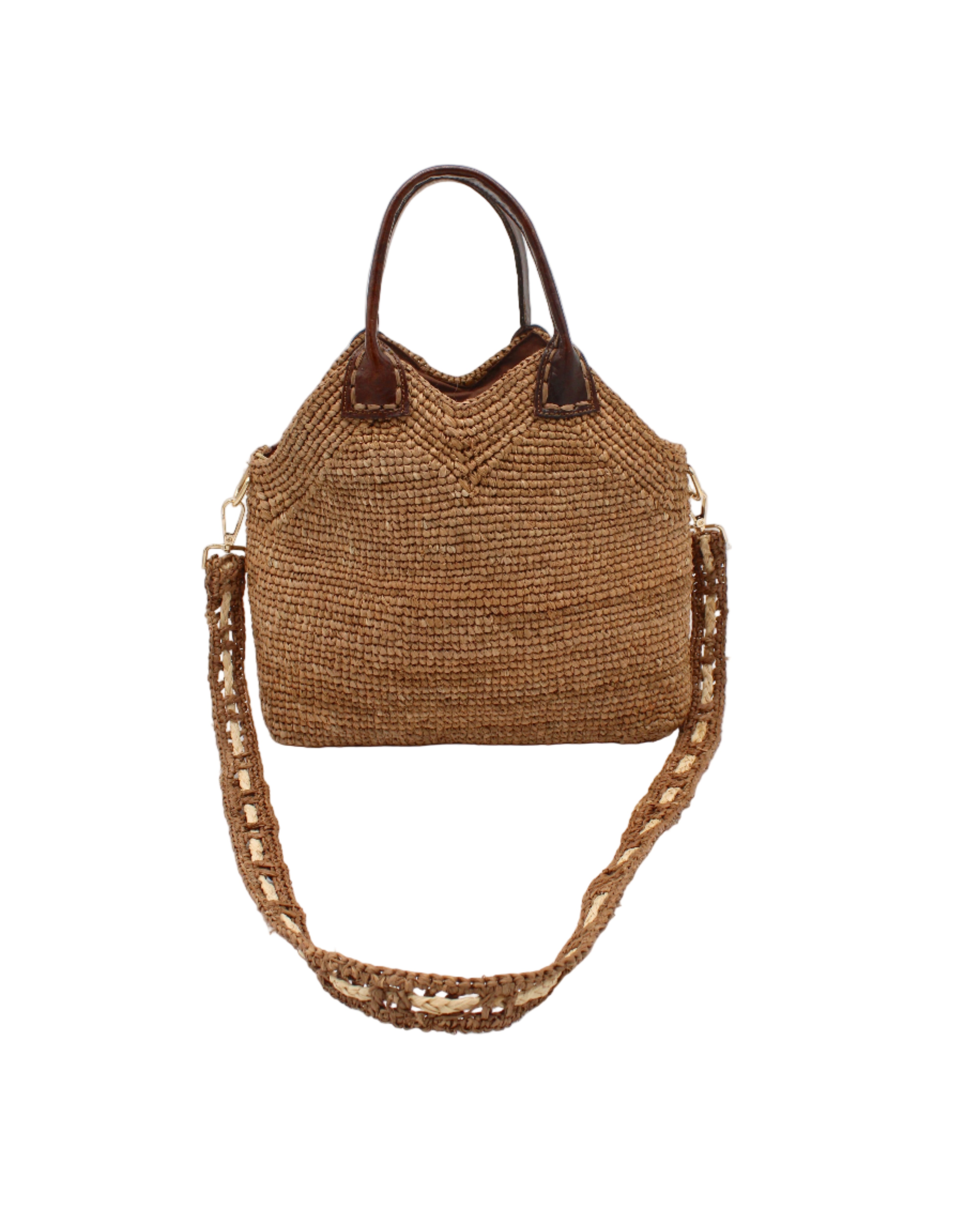 Victoria Crochet Straw Handbag Convertible Crossbody Bag handmade crochet natural raffia palm fiber in a solid hue of cappuccino tea/light/brown in a subtle texture of horizontal link bands pattern across the bag and m shape around the top of the bag with dark brown leather handles and removable two tone natural and cappuccino tea/light/brown crossbody strap convertible purse - Shebobo