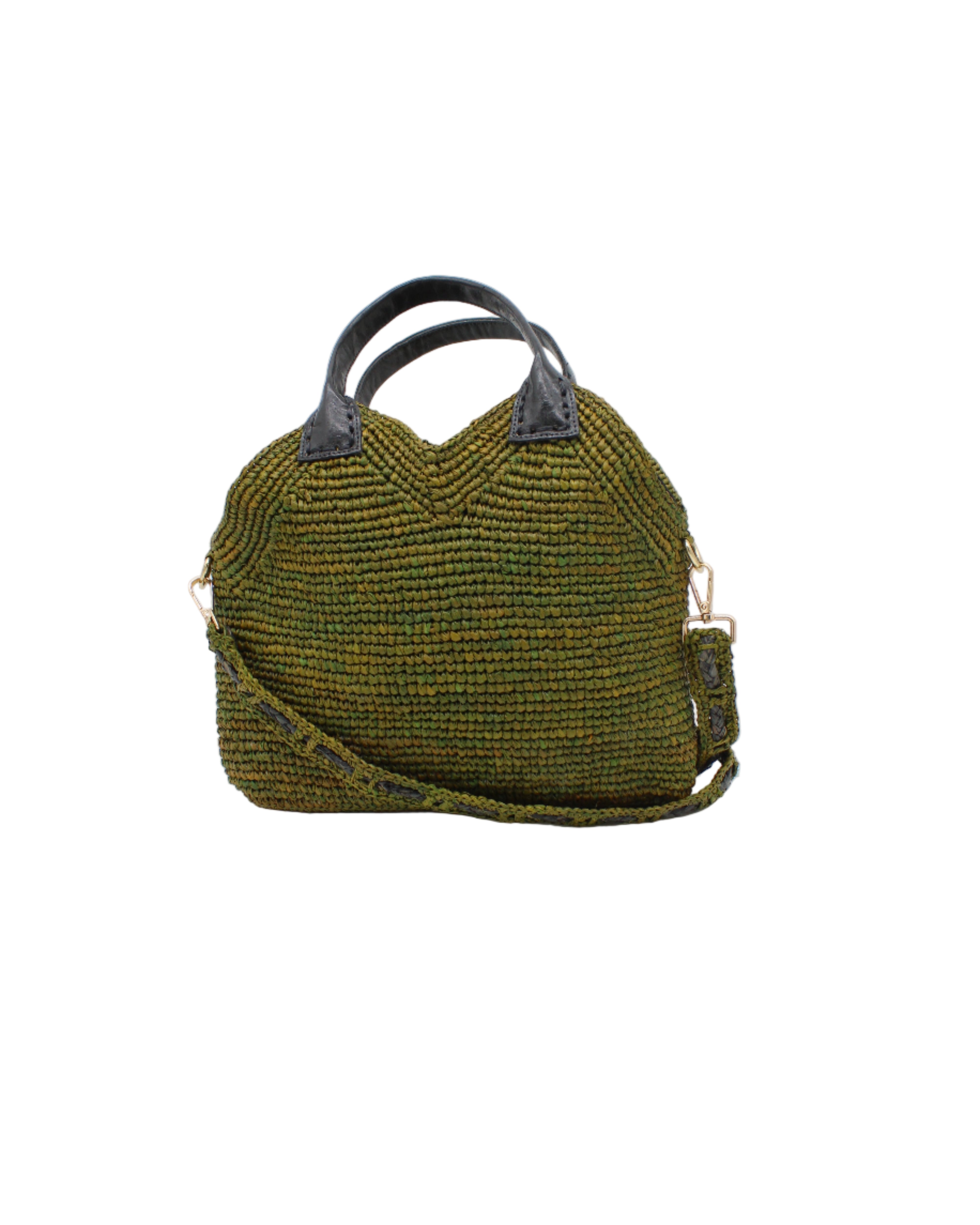 Victoria Crochet Straw Handbag Convertible Crossbody Bag handmade crochet natural raffia palm fiber in a solid hue of martini dark/olive/green in a subtle texture of horizontal link bands pattern across the bag and m shape around the top of the bag with black leather handles and removable two tone martini and black crossbody strap convertible purse - Shebobo
