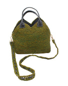 Victoria Crochet Straw Handbag Convertible Crossbody Bag handmade crochet natural raffia palm fiber in a solid hue of martini dark/olive/green in a subtle texture of horizontal link bands pattern across the bag and m shape around the top of the bag with black leather handles and removable two tone martini and black crossbody strap convertible purse - Shebobo