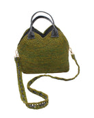 Victoria Crochet Straw Handbag Convertible Crossbody Bag handmade crochet natural raffia palm fiber in a solid hue of martini dark/olive/green in a subtle texture of horizontal link bands pattern across the bag and m shape around the top of the bag with black leather handles and removable two tone martini and black crossbody strap convertible purse - Shebobo