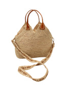 Victoria Crochet Straw Handbag Convertible Crossbody Bag handmade crochet natural raffia palm fiber in a solid hue of natural straw color in a subtle texture of horizontal link bands pattern across the bag and m shape around the top of the bag with brown leather handles and removable two tone natural and cappuccino tea/light/brown crossbody strap convertible purse - Shebobo