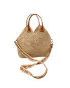 Victoria Crochet Straw Handbag Convertible Crossbody Bag handmade crochet natural raffia palm fiber in a solid hue of natural straw color in a subtle texture of horizontal link bands pattern across the bag and m shape around the top of the bag with brown leather handles and removable two tone natural and cappuccino tea/light/brown crossbody strap convertible purse - Shebobo