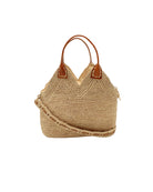 Victoria Crochet Straw Handbag Convertible Crossbody Bag handmade crochet natural raffia palm fiber in a solid hue of natural straw color in a subtle texture of horizontal link bands pattern across the bag and m shape around the top of the bag with brown leather handles and removable two tone natural and cappuccino tea/light/brown crossbody strap convertible purse - Shebobo