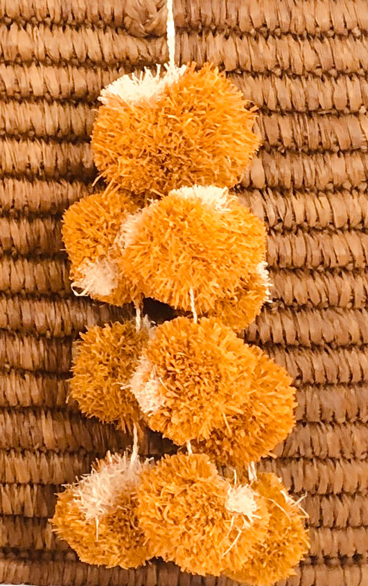 Waterfall Pompom Cinnamon and Natural Two Tone Color Multiple Raffia Poufs Charm handmade bag embellishment or decor natural straw ornamentation - Shebobo