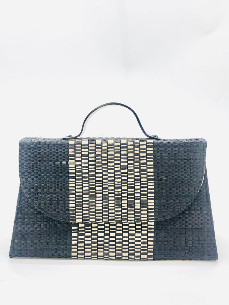 Wynwood black Straw Handbag with Metallic Detailing & Horn Handle handmade loomed raffia in black and silver metallic vegan leather in three vertical bands of color with the metallic weave centered on the purse under the handles - Shebobo