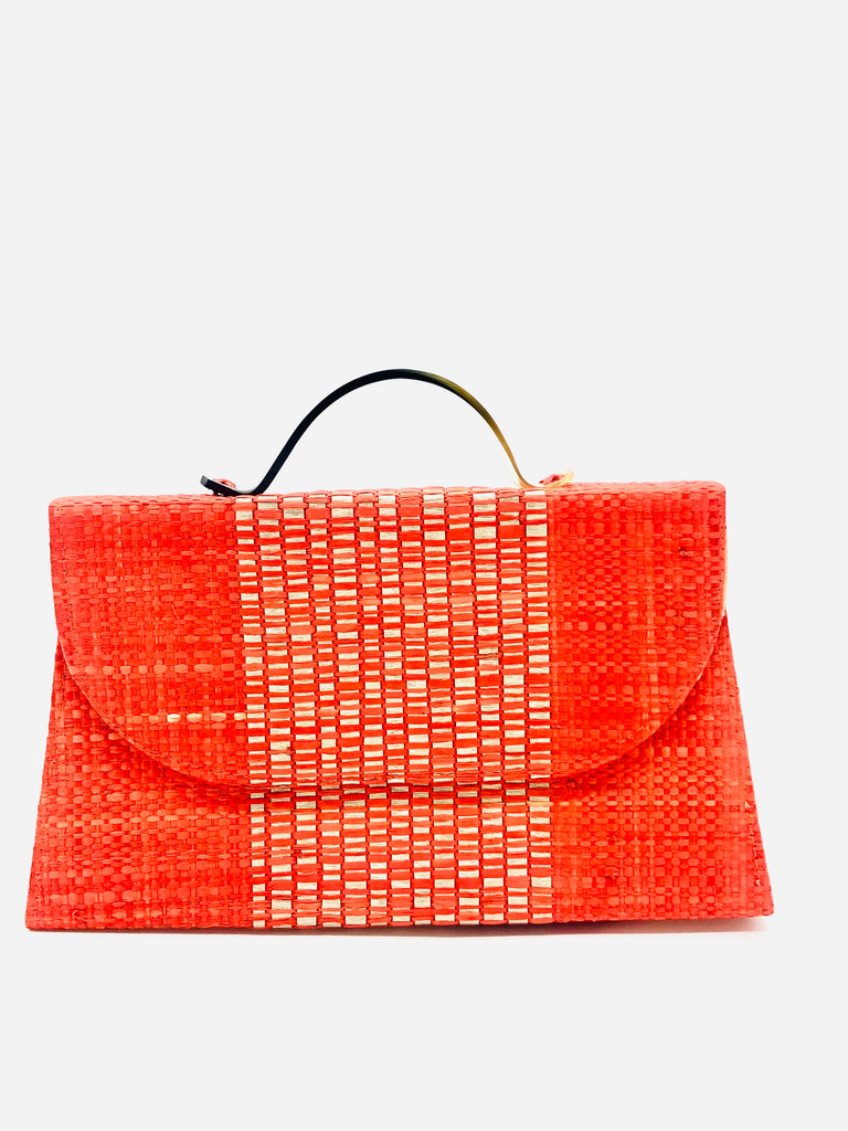 Wynwood Coral Straw Handbag with Metallic Detailing & Horn Handle handmade loomed raffia in coral orange/red and metallic vegan leather in three vertical bands of color with the metallic weave centered on the purse under the handles - Shebobo