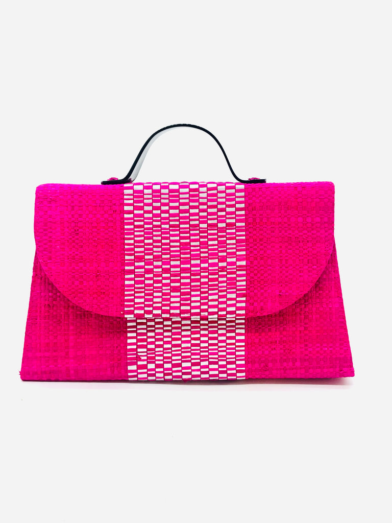 Wynwood Fuchsia Straw Handbag with Metallic Detailing & Horn Handle handmade loomed raffia in fuchsia pink and silver metallic vegan leather in three vertical bands of color with the metallic weave centered on the purse under the handles - Shebobo
