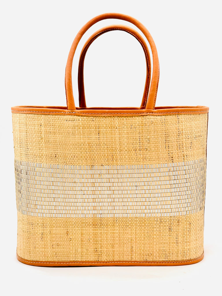 Wynwood Natural Straw Basket Bag Handbag with Metallic Detailing handmade loomed raffia in natural and silver metallic vegan leather in three evenly sized horizontal bands of color with the metallic weave centered on the purse with leather binding and handles - Shebobo