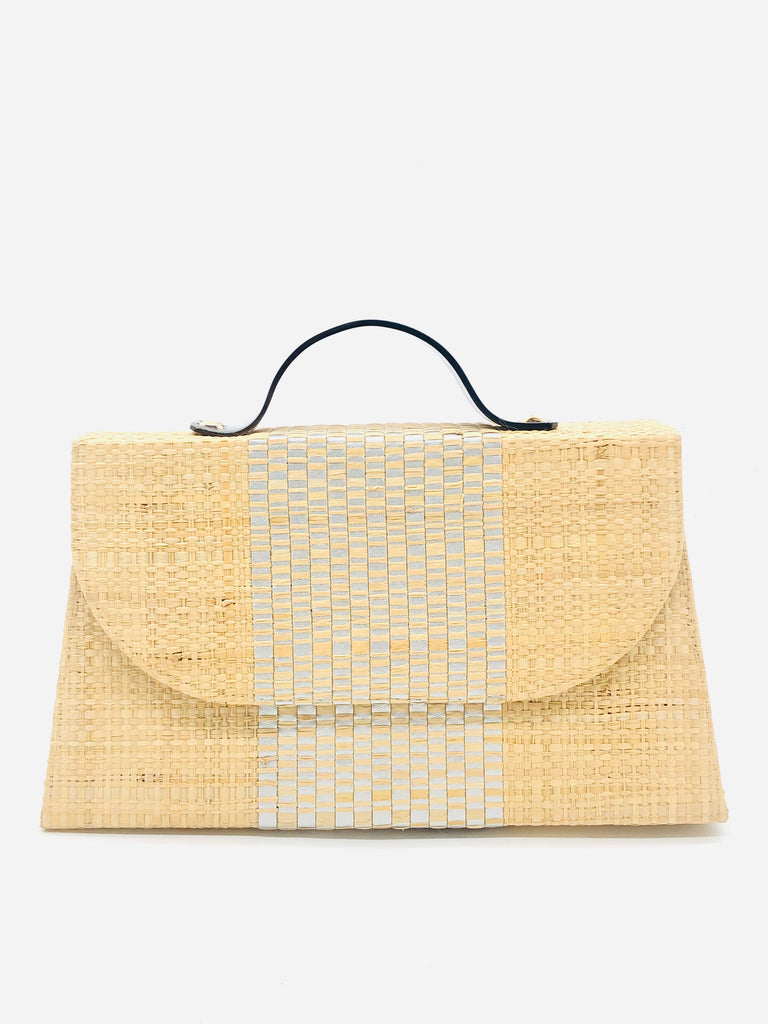 Wynwood Natural Straw Handbag with Metallic Detailing & Horn Handle handmade loomed raffia in natural straw color and silver metallic vegan leather in three vertical bands of color with the metallic weave centered on the purse under the handles - Shebobo