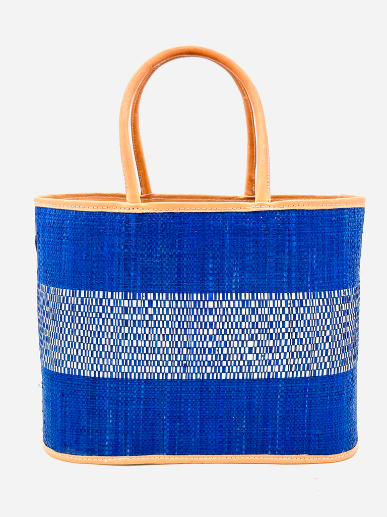 Wynwood Navy Straw Basket Bag Handbag with Metallic Detailing handmade loomed raffia in navy blue and silver metallic vegan leather in three evenly sized horizontal bands of color with the metallic weave centered on the purse with leather binding and handles - Shebobo