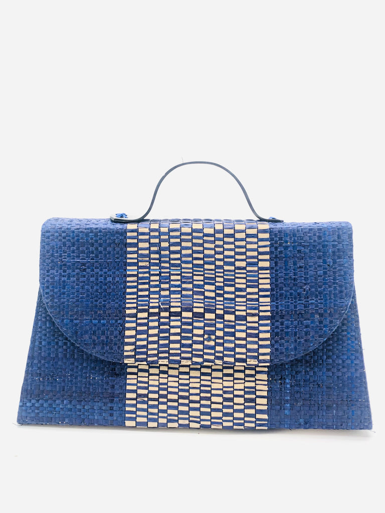 Wynwood Navy Straw Handbag with Metallic Detailing & Horn Handle handmade loomed raffia in navy blue and silver metallic vegan leather in three vertical bands of color with the metallic weave centered on the purse under the handles - Shebobo