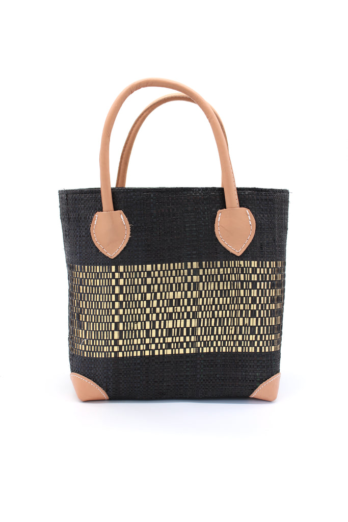 Wynwood Black Straw Basket Bag with Metallic Detailing Handmade loomed raffia palm fiber in a solid hue of black with a wide horizontal band of metallic strands woven in seamlessly handbag purse with leather handles - Shebobo