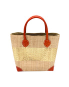 Wynwood Cappuccino Straw Basket Bag with Metallic Detailing Handmade loomed raffia palm fiber in a solid hue of cappuccino light/brown/beige with a wide horizontal band of metallic strands woven in seamlessly handbag purse with leather handles - Shebobo