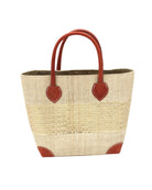 Wynwood Natural Straw Basket Bag with Metallic Detailing Handmade loomed raffia palm fiber in a solid hue of natural straw color with a wide horizontal band of metallic strands woven in seamlessly handbag purse with leather handles - Shebobo