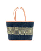 Wynwood Black Straw Basket Bag Handbag with Metallic Detailing handmade loomed raffia in black and silver metallic vegan leather in three evenly sized horizontal bands of color with the metallic weave centered on the purse with leather binding and handles - Shebobo