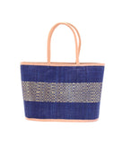 Wynwood Blue Straw Basket Bag Handbag with Metallic Detailing handmade loomed raffia in blue and silver metallic vegan leather in three evenly sized horizontal bands of color with the metallic weave centered on the purse with leather binding and handles - Shebobo