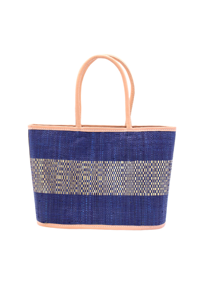 Wynwood Blue Straw Basket Bag Handbag with Metallic Detailing handmade loomed raffia in blue and silver metallic vegan leather in three evenly sized horizontal bands of color with the metallic weave centered on the purse with leather binding and handles - Shebobo