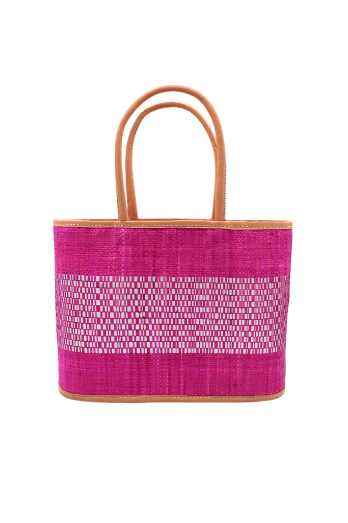 Wynwood Fuchsia Straw Basket Bag Handbag with Metallic Detailing handmade loomed raffia in fuchsia pink and silver metallic vegan leather in three evenly sized horizontal bands of color with the metallic weave centered on the purse with leather binding and handles - Shebobo