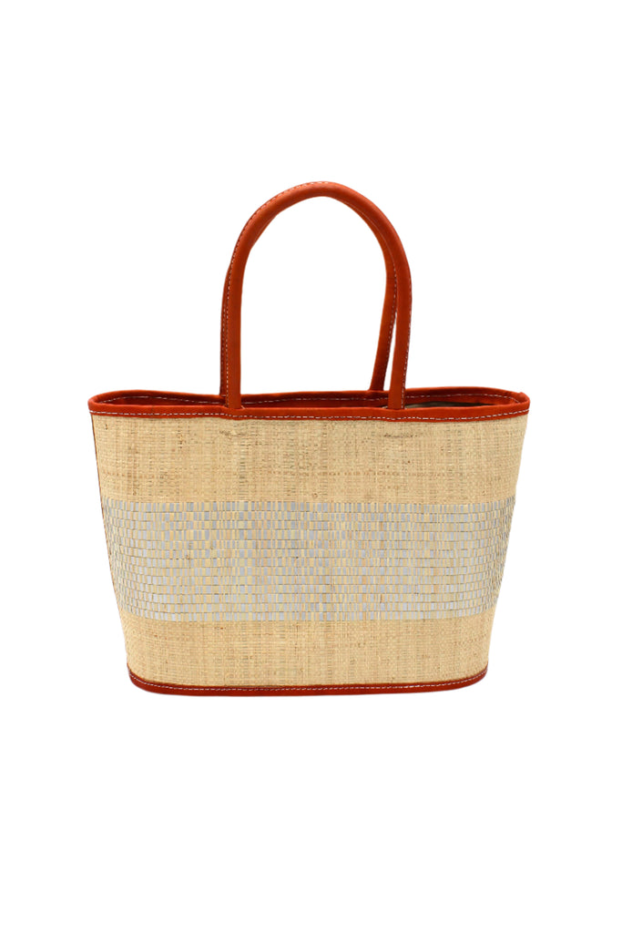 Wynwood Natural Straw Basket Bag Handbag with Metallic Detailing handmade loomed raffia in natural straw color and silver metallic vegan leather in three evenly sized horizontal bands of color with the metallic weave centered on the purse with leather binding and handles - Shebobo