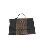 Wynwood black Straw Handbag with Metallic Detailing & Horn Handle handmade loomed raffia in black and silver metallic vegan leather in three vertical bands of color with the metallic weave centered on the purse under the handles - Shebobo