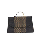 Wynwood black Straw Handbag with Metallic Detailing & Horn Handle handmade loomed raffia in black and silver metallic vegan leather in three vertical bands of color with the metallic weave centered on the purse under the handles - Shebobo