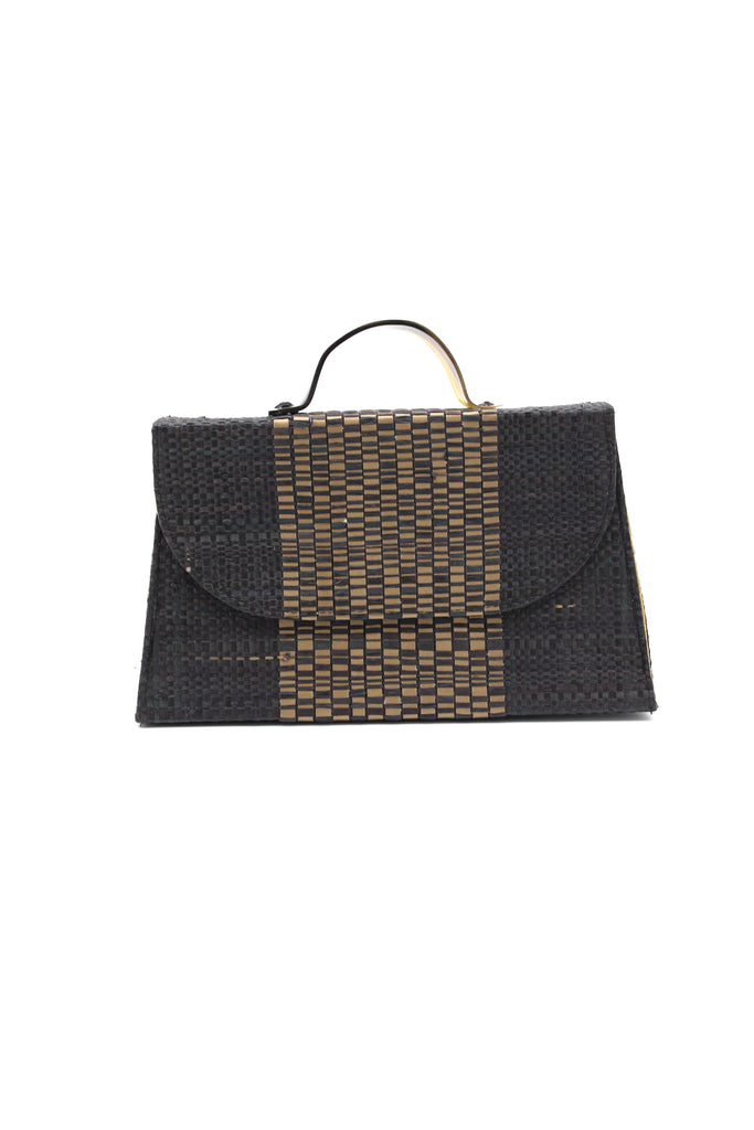 Wynwood black Straw Handbag with Metallic Detailing & Horn Handle handmade loomed raffia in black and silver metallic vegan leather in three vertical bands of color with the metallic weave centered on the purse under the handles - Shebobo