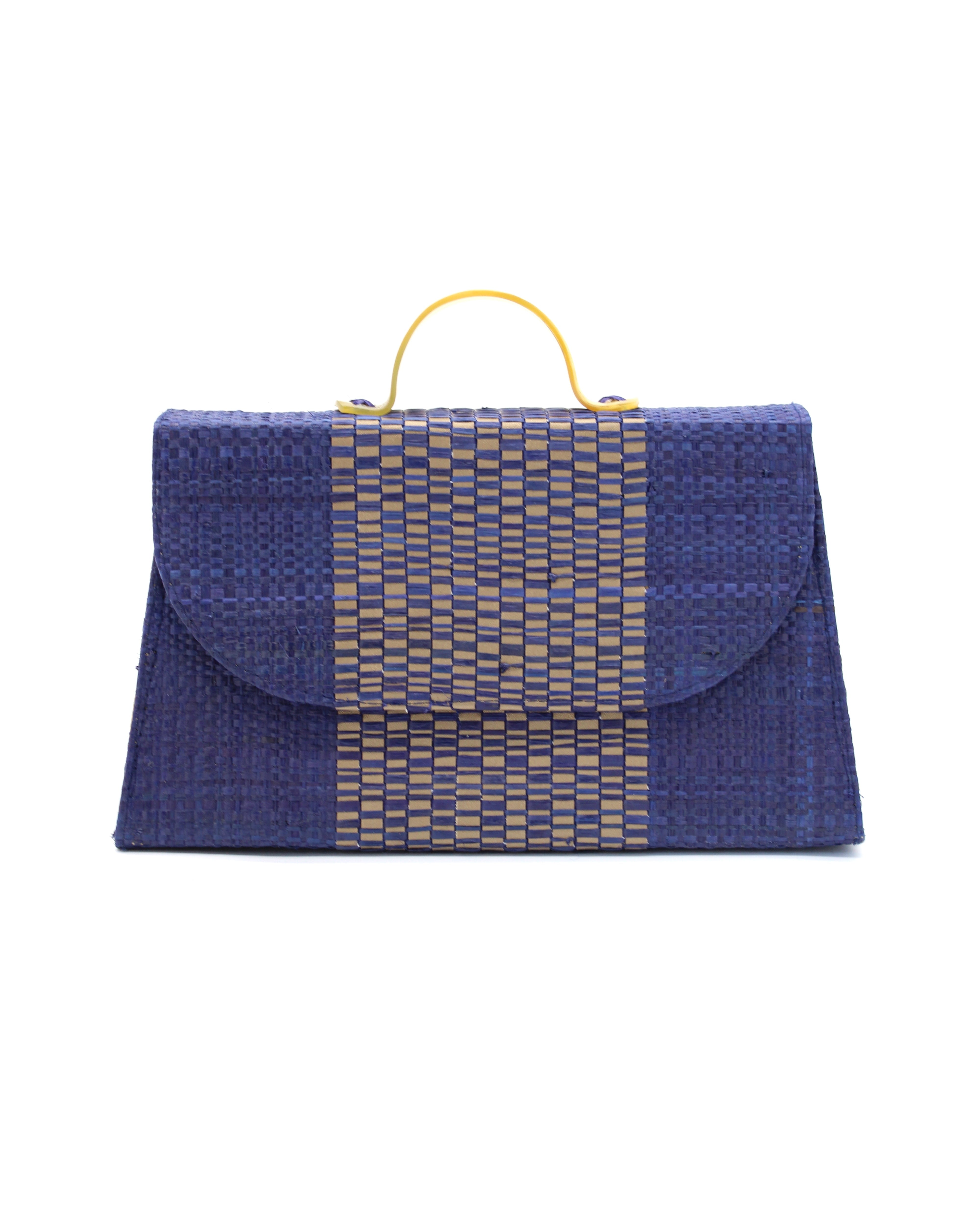 Wynwood Navy Straw Handbag with Metallic Detailing & Horn Handle handmade loomed raffia in navy blue and silver metallic vegan leather in three vertical bands of color with the metallic weave centered on the purse under the handles - Shebobo