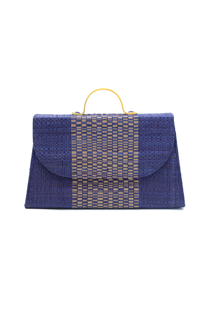 Wynwood Navy Straw Handbag with Metallic Detailing & Horn Handle handmade loomed raffia in navy blue and silver metallic vegan leather in three vertical bands of color with the metallic weave centered on the purse under the handles - Shebobo