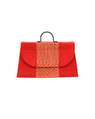Wynwood Coral Straw Handbag with Metallic Detailing & Horn Handle handmade loomed raffia in coral orange/red and metallic vegan leather in three vertical bands of color with the metallic weave centered on the purse under the handles - Shebobo