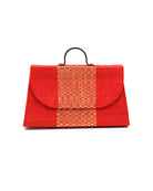 Wynwood Coral Straw Handbag with Metallic Detailing & Horn Handle handmade loomed raffia in coral orange/red and metallic vegan leather in three vertical bands of color with the metallic weave centered on the purse under the handles - Shebobo