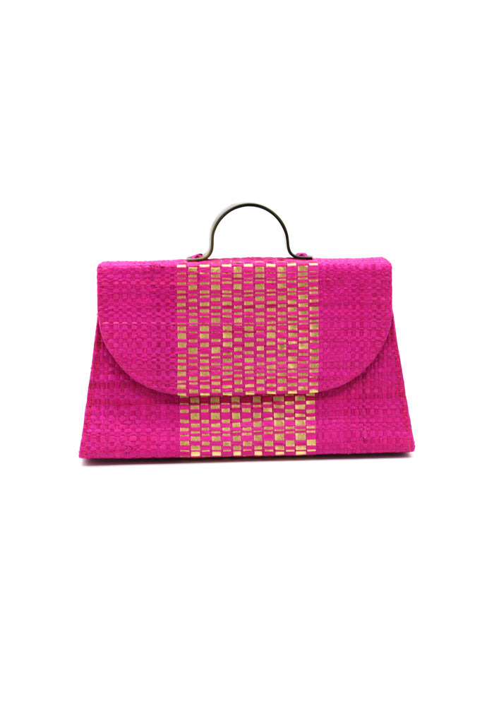 Wynwood Fuchsia Straw Handbag with Metallic Detailing & Horn Handle handmade loomed raffia in fuchsia pink and silver metallic vegan leather in three vertical bands of color with the metallic weave centered on the purse under the handles - Shebobo