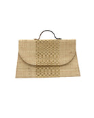 Wynwood Natural Straw Handbag with Metallic Detailing & Horn Handle handmade loomed raffia in natural straw color and silver metallic vegan leather in three vertical bands of color with the metallic weave centered on the purse under the handles - Shebobo