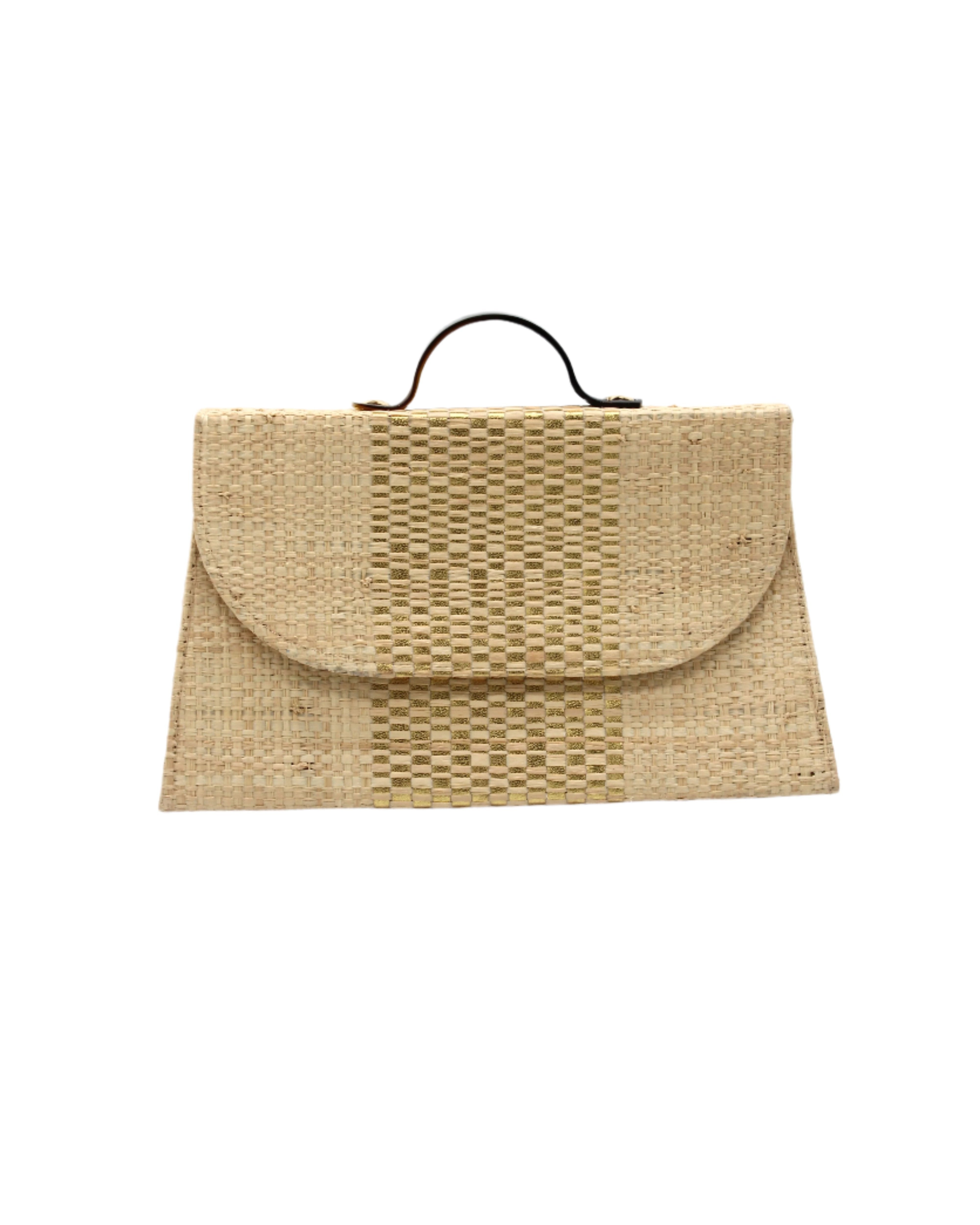 Wynwood Natural Straw Handbag with Metallic Detailing & Horn Handle handmade loomed raffia in natural straw color and silver metallic vegan leather in three vertical bands of color with the metallic weave centered on the purse under the handles - Shebobo