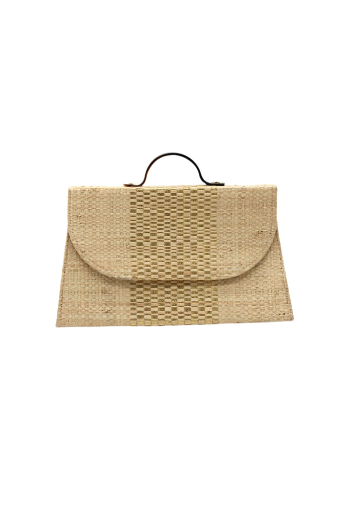 Wynwood Natural Straw Handbag with Metallic Detailing & Horn Handle handmade loomed raffia in natural straw color and silver metallic vegan leather in three vertical bands of color with the metallic weave centered on the purse under the handles - Shebobo